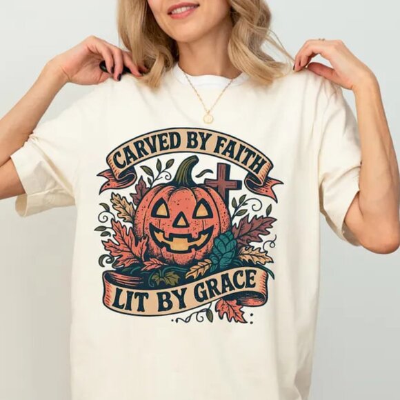 Tops - Religious Pumpkin Fall Shirt, Christian Halloween Tee, Faith Autumn Tee
